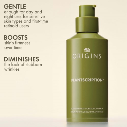 Eine grüne Flasche des Origins Plantscription Serums, das die Haut stärkt, Falten reduziert und für empfindliche Haut geeignet ist.