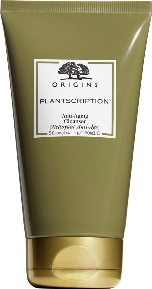 Grüne Tube mit Origins Plantscription Anti-Aging Cleanser, weißes Etikett und schwarzer Schrift.