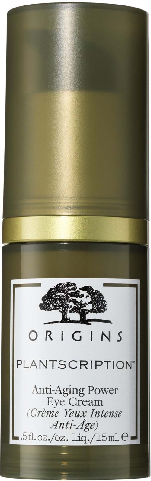 Eine kleine Flasche mit Origins Plantscription Anti-Aging Eye Cream mit gold und grünem Design.