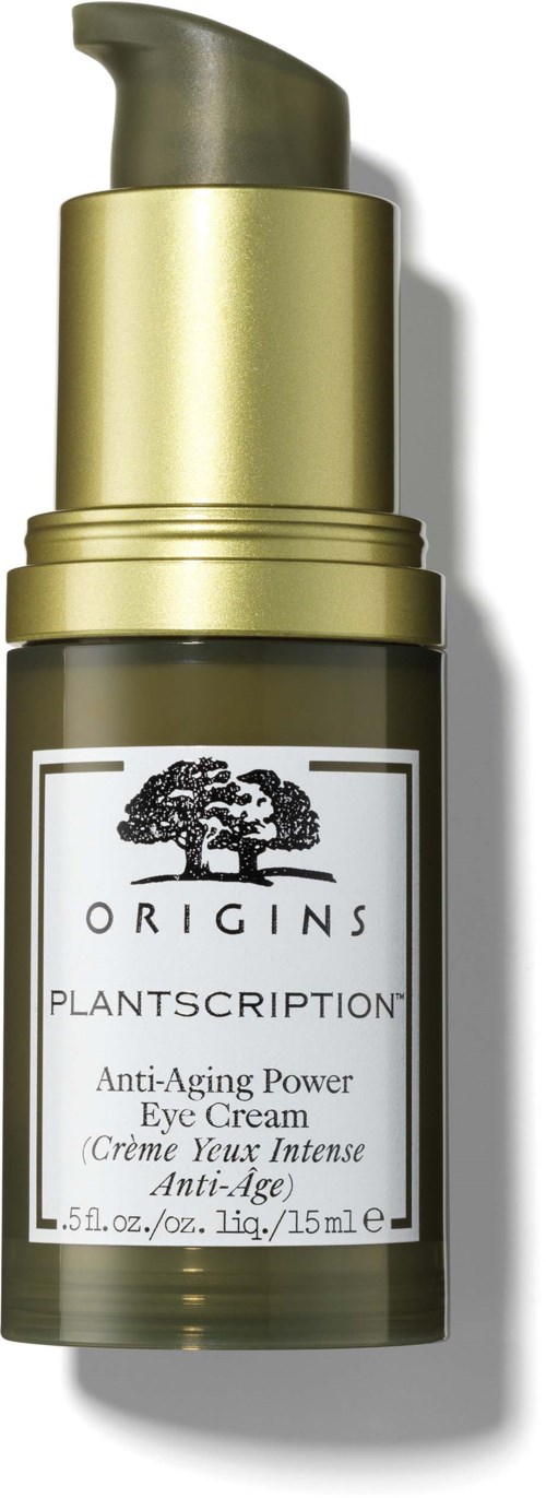 Eine kleine grüne Flasche mit Goldpumpe enthält Origins Plantscription Anti-Aging-Augencreme.