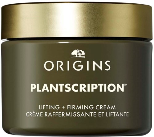 Ein Glas mit Origins Plantscription Lifting + Firming Creme, goldener Deckel, grüner Behälter.
