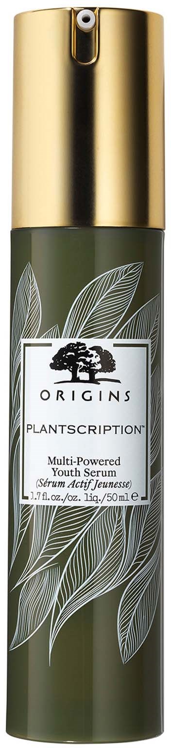 Eine grüne und goldene Flasche mit Blattdesign, beschriftet 'Origins Plantscription Multi-Powered Youth Serum'.