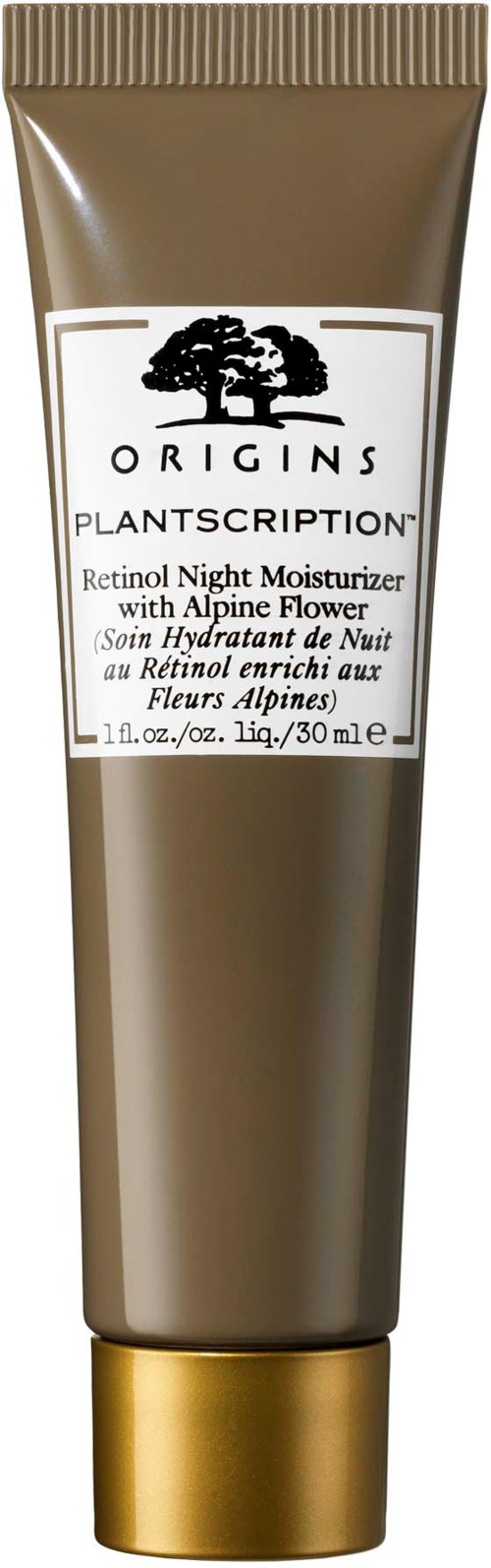 Ein brauner Tube mit 'Origins Plantscription Retinol Night Moisturizer' und goldener Kappe.
