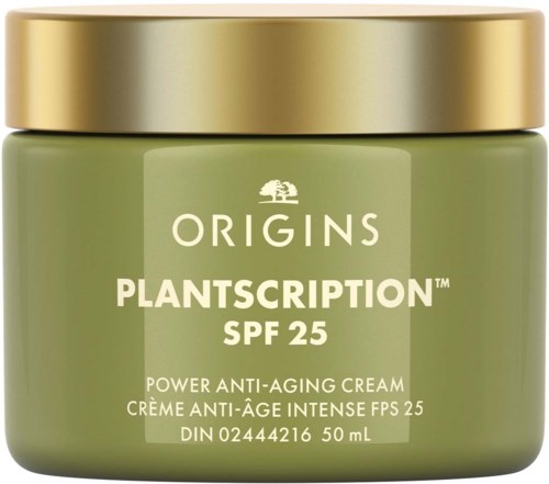 Ein grüner Behälter mit Origins Plantscription SPF 25 Anti-Aging-Creme und goldener Deckel.