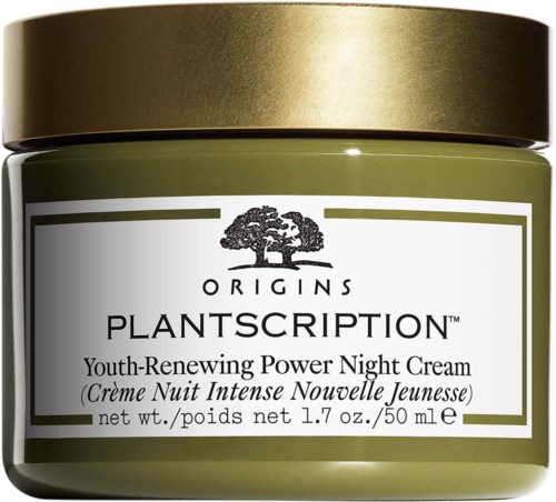 Grüner Behälter mit goldener Deckel. Etikett sagt 'Origins Plantscription Youth-Renewing Power Night Cream', 50 ml.