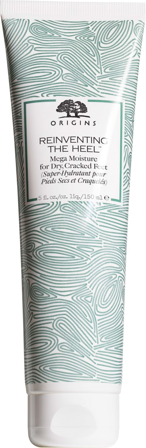 Eine Tube Origins Rejuvenating The Heel Fußcreme mit hellblauem und weißem Wirbelmuster.