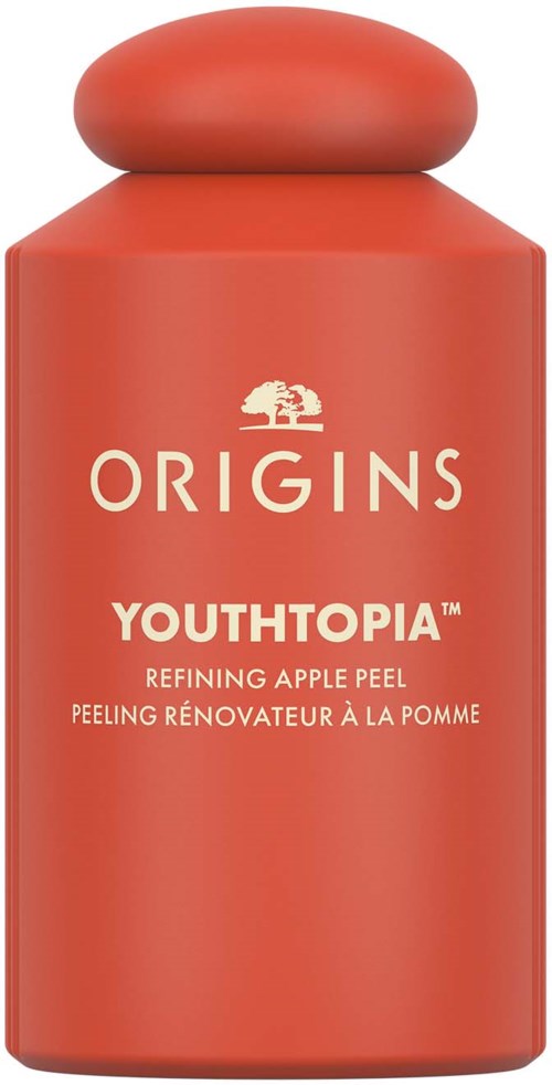 A red bottle with a rounded cap, labeled ORIGINS YOUTHOPIA, containing apple peel exfoliant.