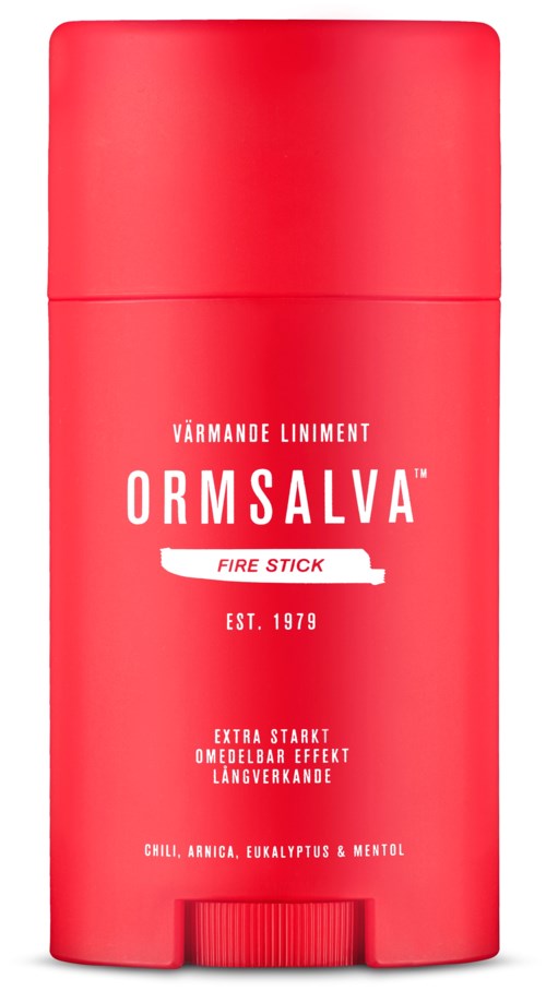 Czerwony sztyft dezodorantu z białym napisem, oznaczony "ORMSALVA FIRE STICK," na długotrwałe ciepło i zapach.