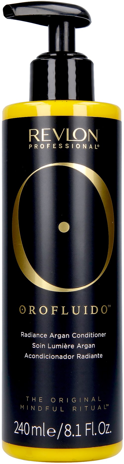 A black and yellow bottle of Revlon Orofluido Argan conditioner with a pump top. It boosts hair shine and softness.