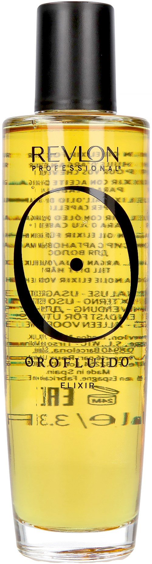 A tall, clear bottle with yellow liquid, black cap, and black text, including a large circle and brand name Revlon.
