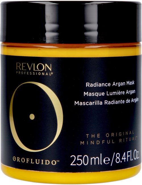 Black and gold Revlon mask jar, 250ml, with product details and brand name on the label.