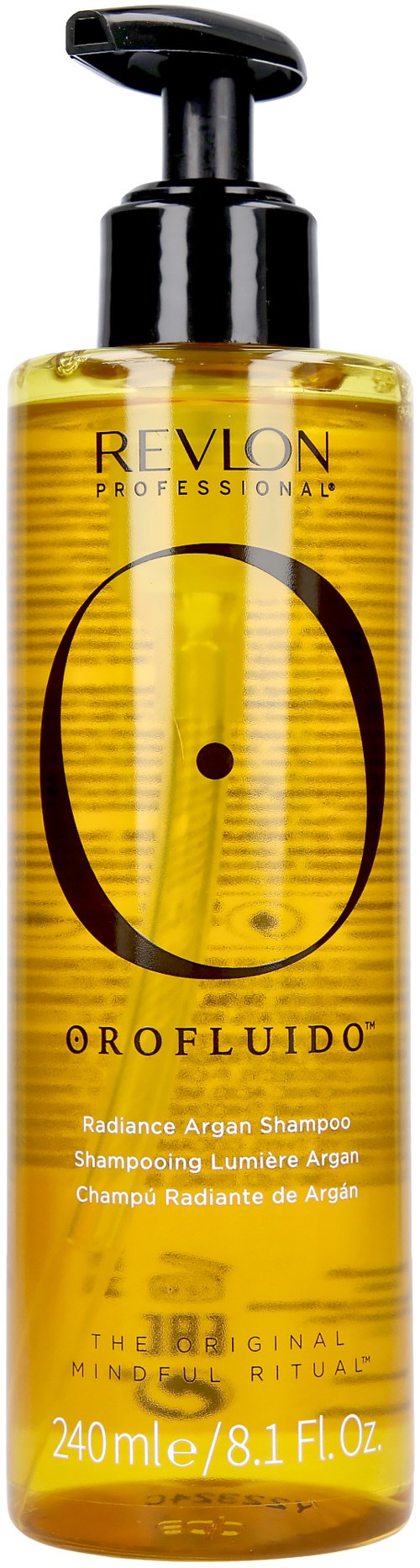 It is a yellow bottle with a black pump, labeled Revlon Orofluido, containing argan shampoo for shiny hair.
