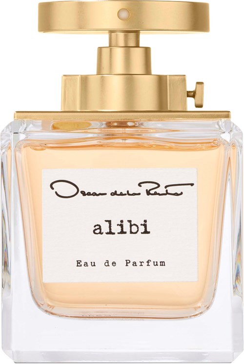 En parfymflaska med klar glas, guldlock, och vitt etikett med texten 'alibi' och 'Eau de Parfum.'