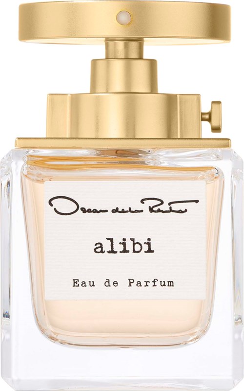 En parfymflaska med guldig hatt och ett klart glas, märkt 'alibi' och 'Eau de Parfum.'