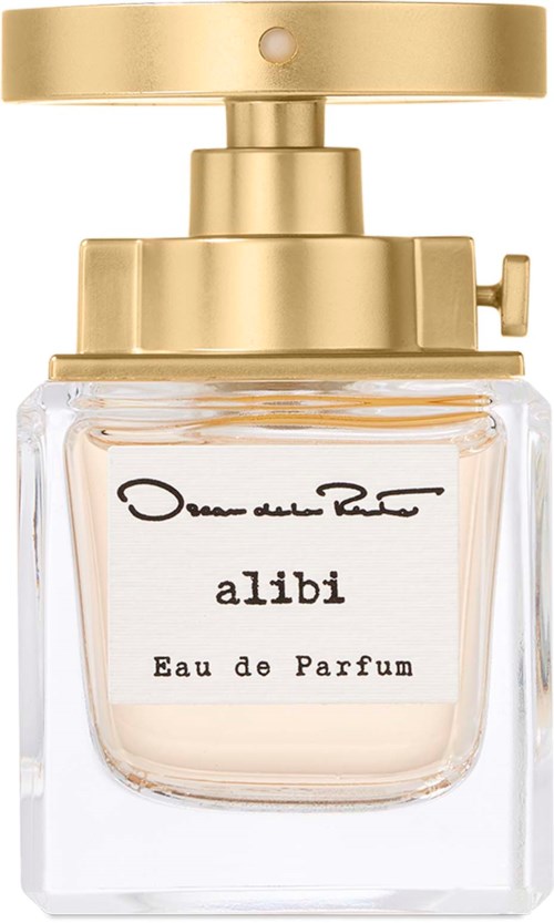 En parfymflaska med ett guldlock och klart glas, märkt 'alibi Eau de Parfum'.