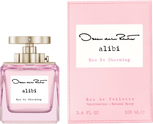 En rosa parfymflaska med guldkapsel och en matchande rosa låda, märkt 'alibi Eau So Charming'.