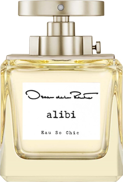 En parfyllақare märkt 'alibi Eau So Chic' med guldkapsel och tydligt glas som visar vätskan inuti.