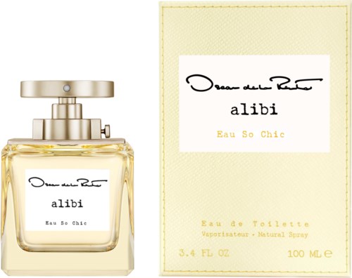 En parfyllflaska och en kartong med namnet 'alibi' och 'Eau So Chic' skrivna på dem.