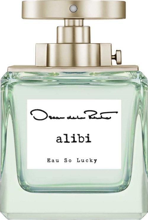 En parfymalare med lätt grönt tonat glas och ett guldlock. Etiketten säger 'alibi' och 'Eau So Lucky'.
