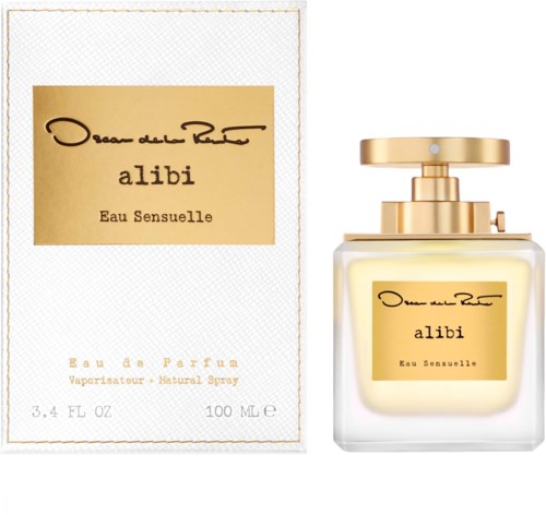 En parfyllåda och flaska med gyllene detaljer, märkta 'alibi Eau Sensuelle' och 'Eau de Parfum' i elegant stil.