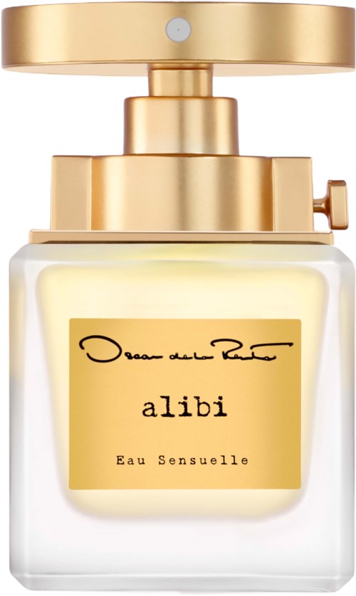En parfymflaska med guldkork och etikett som säger 'alibi Eau Sensuelle', med en glaskropp.