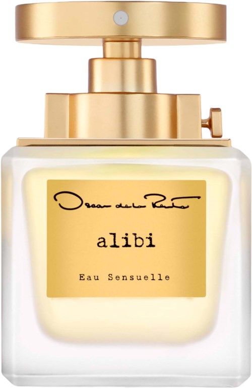 En parfyllflaska med guldkork och etikett, innehåller doften 'alibi Eau Sensuelle.'