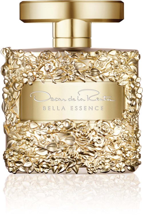 En lyxig parfyllare med guldönad design och guldkapsel, märkt 'Oscar de la Renta Bella Essence.'