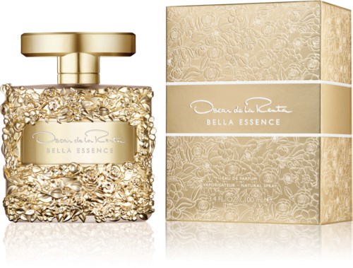 En guldfärgad parfyllåda med blommotiv och matchande box, märkt Bella Essence av Olympe de la Renta.