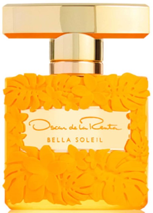 En parfymflaska med gul-orange blommönster och guldkapsel, märkt 'Seduce de la Rente BELLA SOLEIL'.