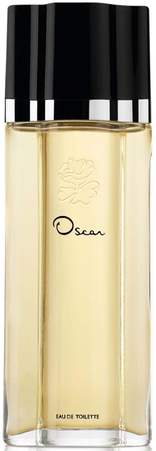 En lång, genomskinlig parfyllflaska med svart och silverlock, märkt 'Oscar' och 'Eau de Toilette' längst ner.