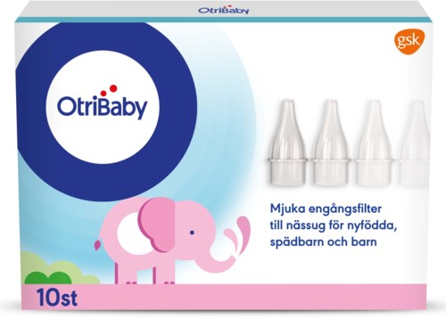 A box with 10 baby nasal filters, pink elephant design, and text in Swedish about newborn and child use.
