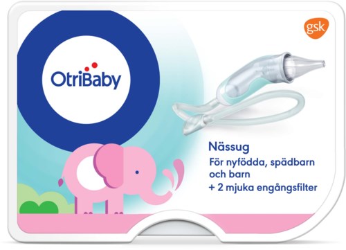 A box with a pink elephant illustration, a nasal spray, and text in Swedish about baby nasal care.