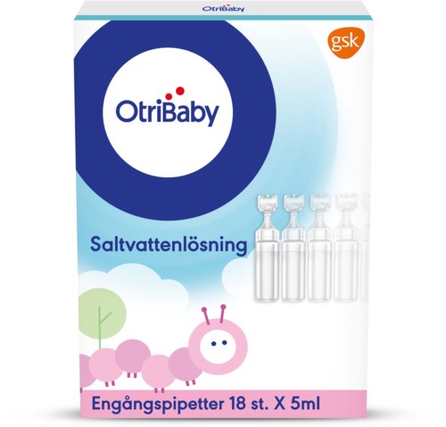 Box with OtriBaby saltwater solution and 18 small spray bottles, pink cartoon caterpillar, cloud and tree illustrations.