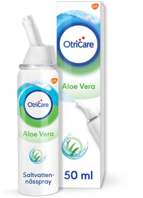 A spray bottle and box for Aloe Vera nasal spray, 50 ml, with blue and green design and water splash imagery.