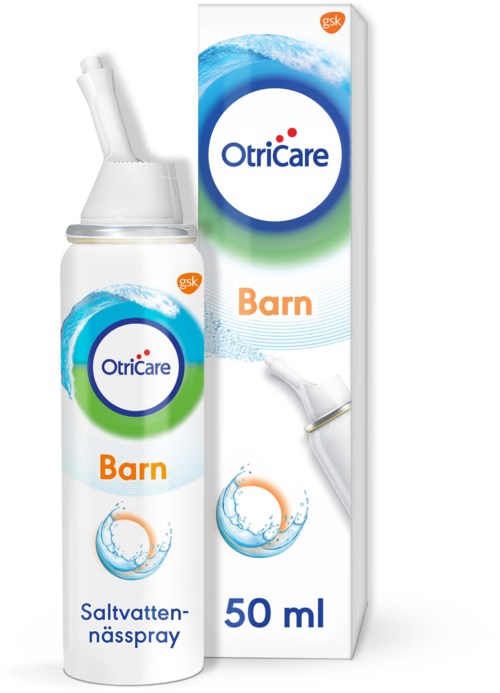 En flaska och förpackning av OtirCare saltvattensnässpray för barn, 50 ml, i vit och blå förpackning.