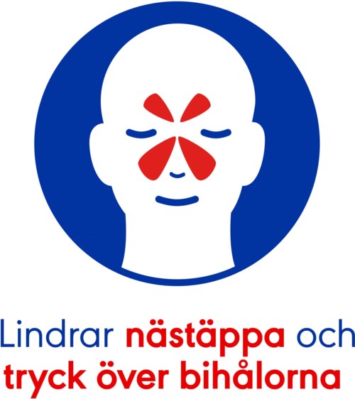 En logotyp som visar ett ansikte med näsa och kinder markerade i rött, och instruerar att trycka på kinderna.