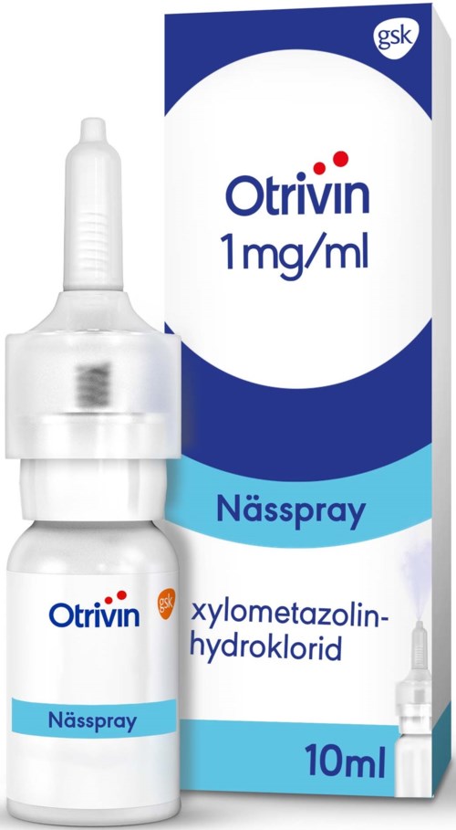 En nässpraysflaska märkt Otrivin med en box, som innehåller xylometazolinhydroklorid, 10 ml, för nästäppa.