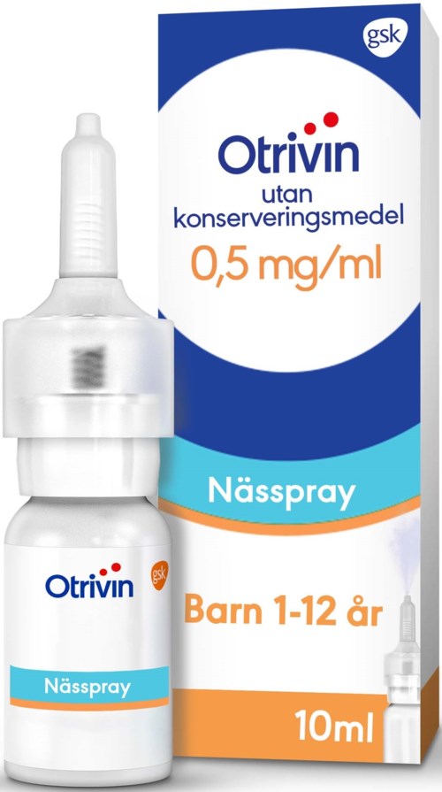 En box och sprayflaska med Otrivin nässpray för barn 1-12 år, innehållande 0,5 mg/ml utan konserveringsmedel.