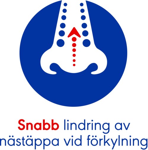 Logon visar en näsa med punkterade linjer och en pil som pekar uppåt, vilket antyder snabb lindring vid nästäppa.