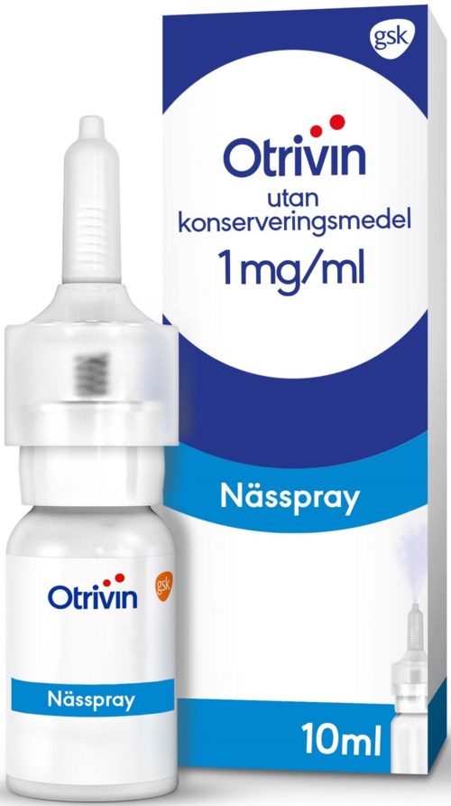 Otrivin nässprayflaska med blå och vit förpackning, märkt 'utan konserveringsmedel,' 10 ml storlek.