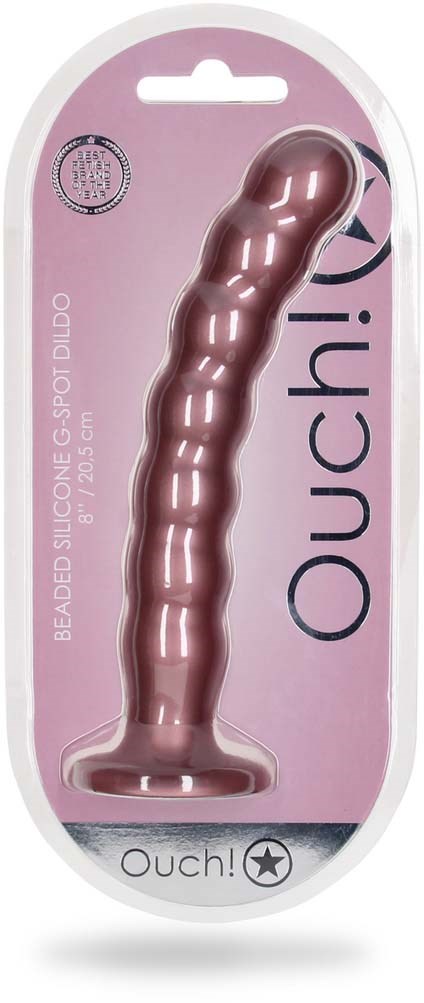 Perlenförmiger Silikon- und Spot-Dildo in rosa Verpackung, mit "Ouch!" und Stern-Logo.