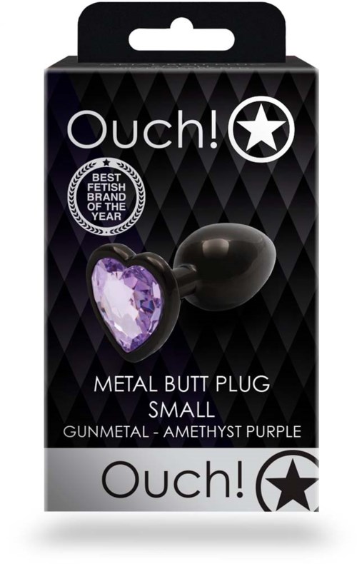 Kleines Metall-Buttplug in Herzform, lila, mit Verpackungsangaben.