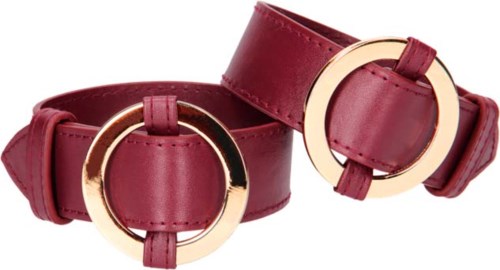 Zwei rote Ledergürtel mit großen goldenen Ringen, übereinandergelegt.