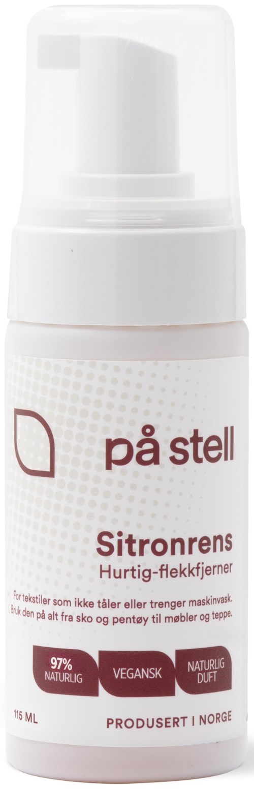 En hvit flaske med pumpe inneholder en naturlig sitronduftfjerner, produsert i Norge, vegansk og uten parfyme.