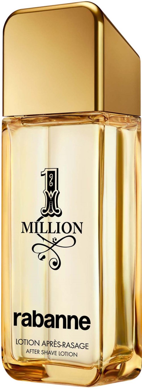 Eine lange, klare Flasche mit goldener Kappe und Logo, beschriftet Rabanne Million Aftershave.