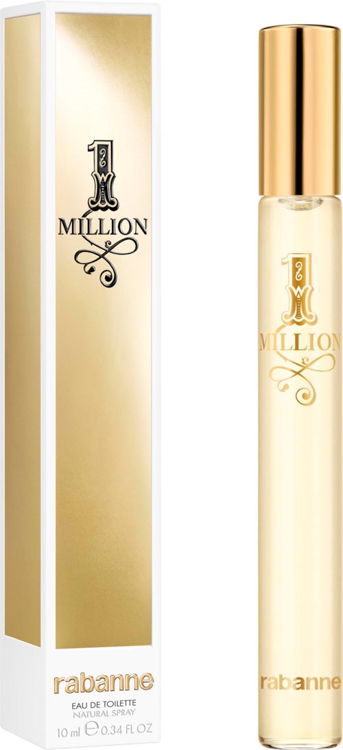 En parfyllflaska med guldkapsel och ett matchande guldpaket märkt 1 Million av Rabanne.