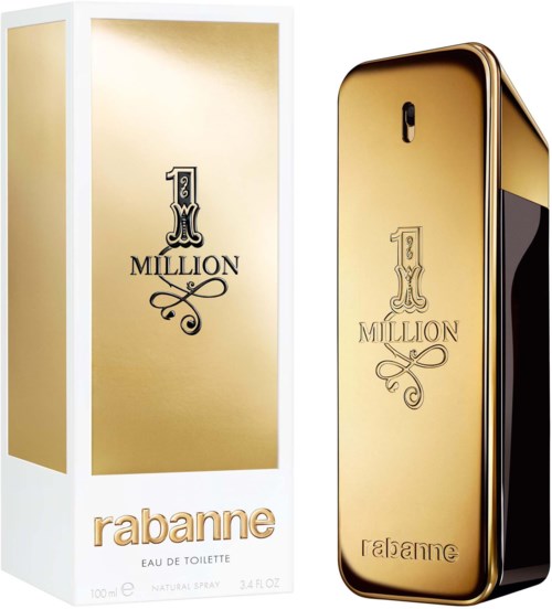 Goudkleurige parfumfles in de vorm van een smartphone met '1 Million' en 'Rabanne'-logo's. Verpakking is goud en wit.