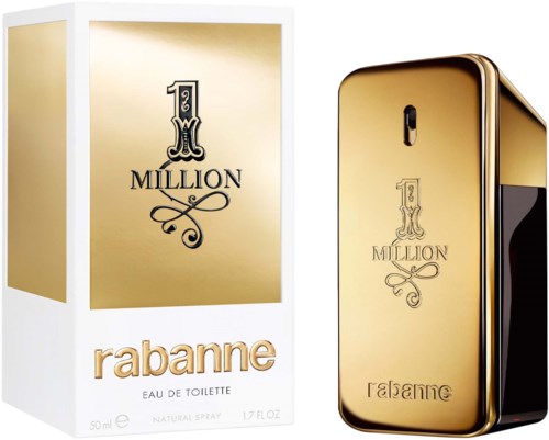 Eine goldfarbene Parfümflasche und Box mit schwarzem und goldenem Text, der '1 Million' und 'Rabanne' sagt.