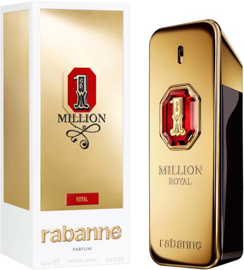 Ein Parfümflasche und Schachtel mit '1 Million Royal' von Rabanne, gold und schwarz gestaltet mit roten Akzenten.