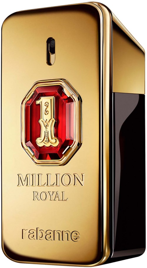 Eine goldene und schwarze Parfümflasche mit 'Million Royal' und einem großen roten Edelsteindesign auf der Vorderseite.